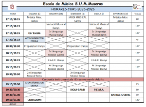 Horari curs 2025-2026 - Societat Unió Musical Museros